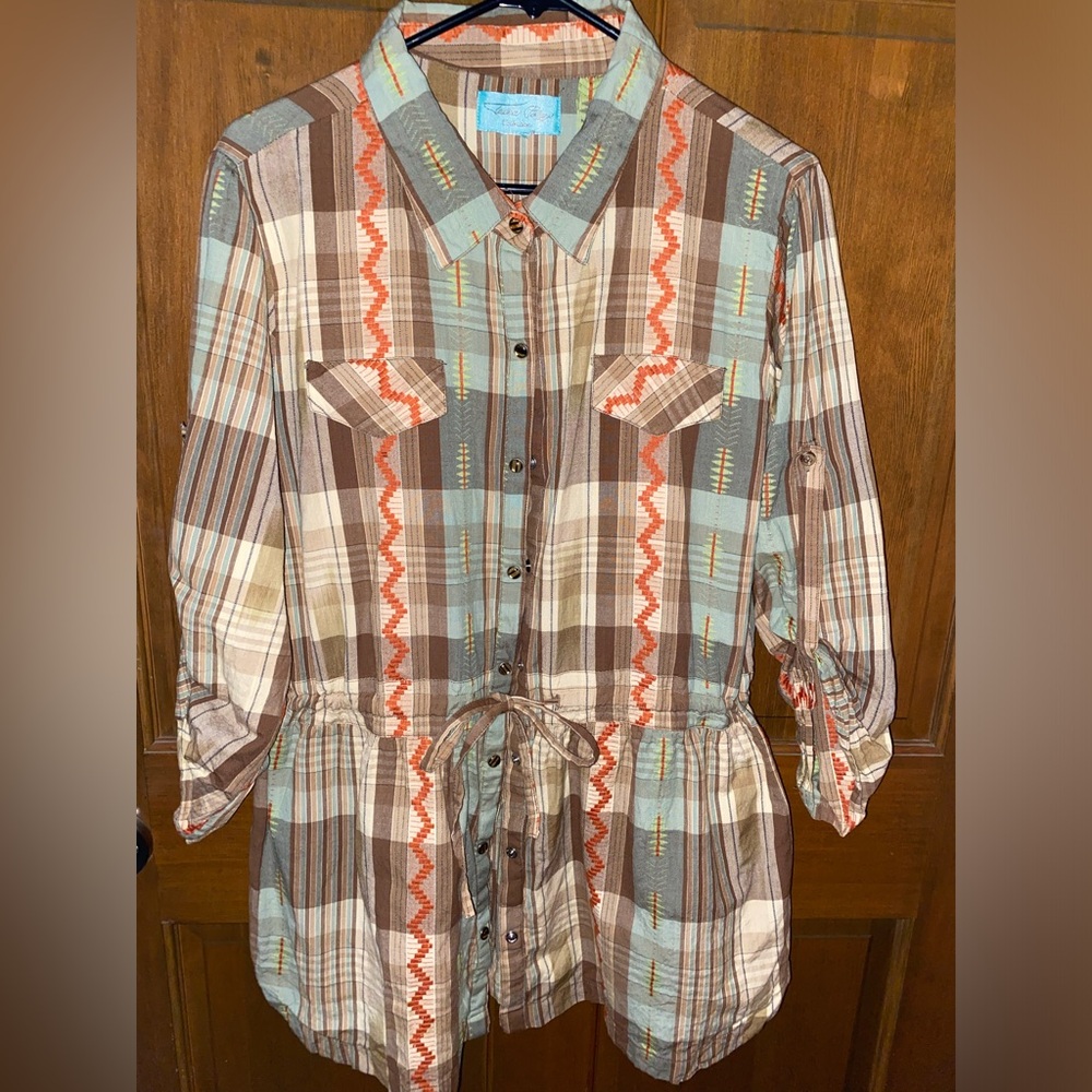 Tasha Polizzi top cinch waist with tie Aztec print tunic